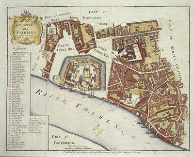 La Torre e St. Catherines, per Stows Survey of London, pub. 1754 da English School